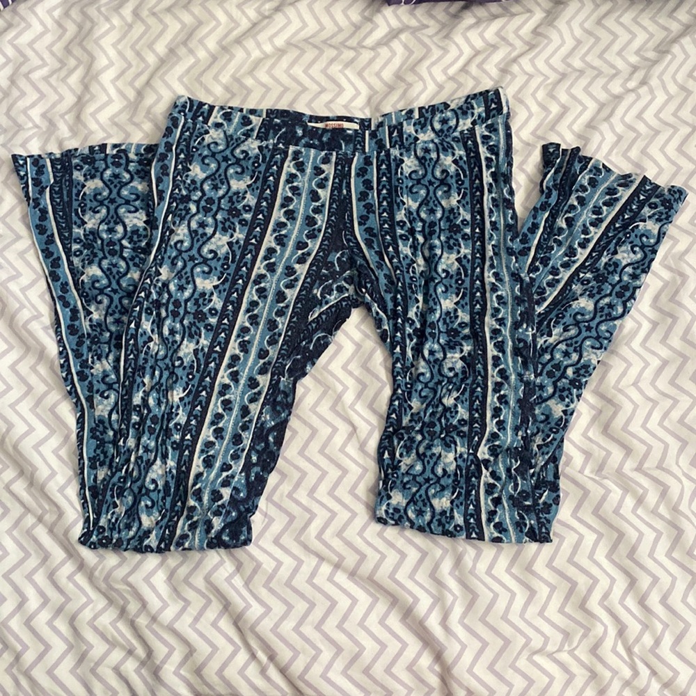 blue patterned flared cotton pants